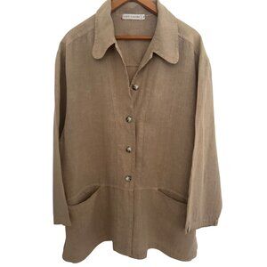 Button-Up Womens M Oversized Long-Sleeve Beige Linen Jacket Pockets Lagenlook